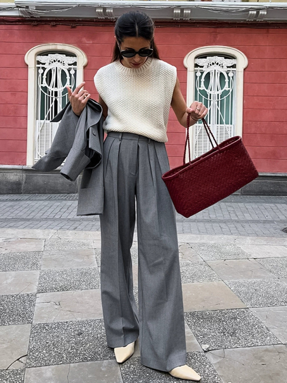 Forever 21 Grey High Waist Straight Leg Pleated Dress Pants Office
